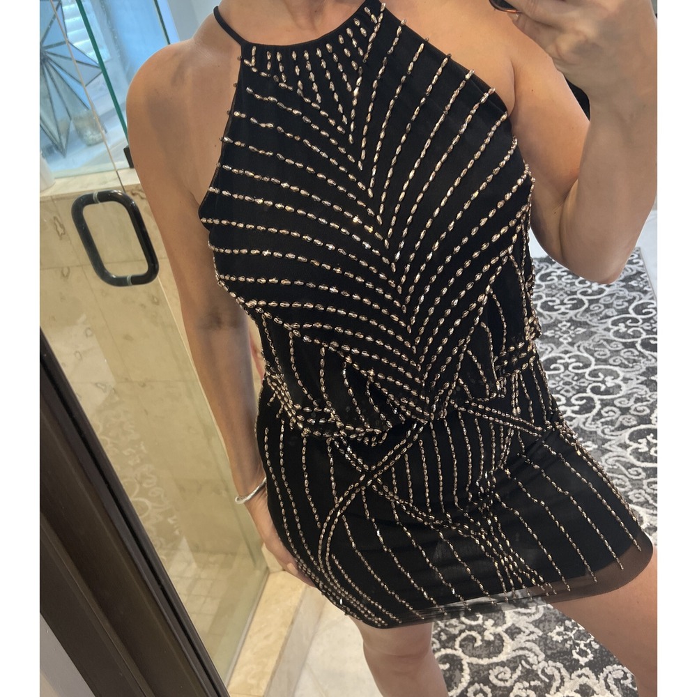 Aqua Women Black Gold Beaded Blouson Dress Size 4 Cutout Back XS9618